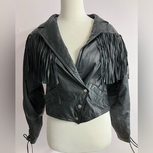 Paris Sport Club Women’s Leather Jacket, Med., Black/Fringed/Cropped/Biker/Moto